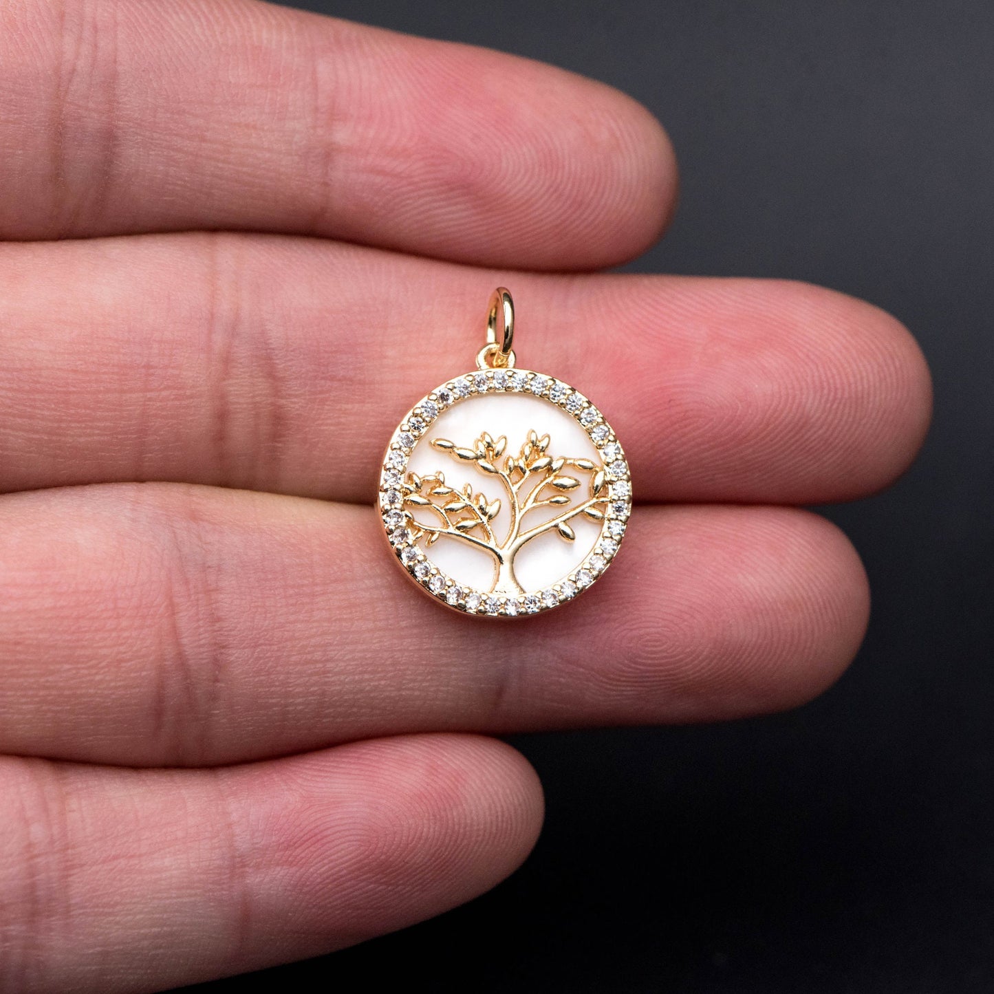 4pcs CZ Pave Gold Life Tree Charm, Shell Disc Coin Pendants 16mm, 18K Gold plated Brass(GB-1701)