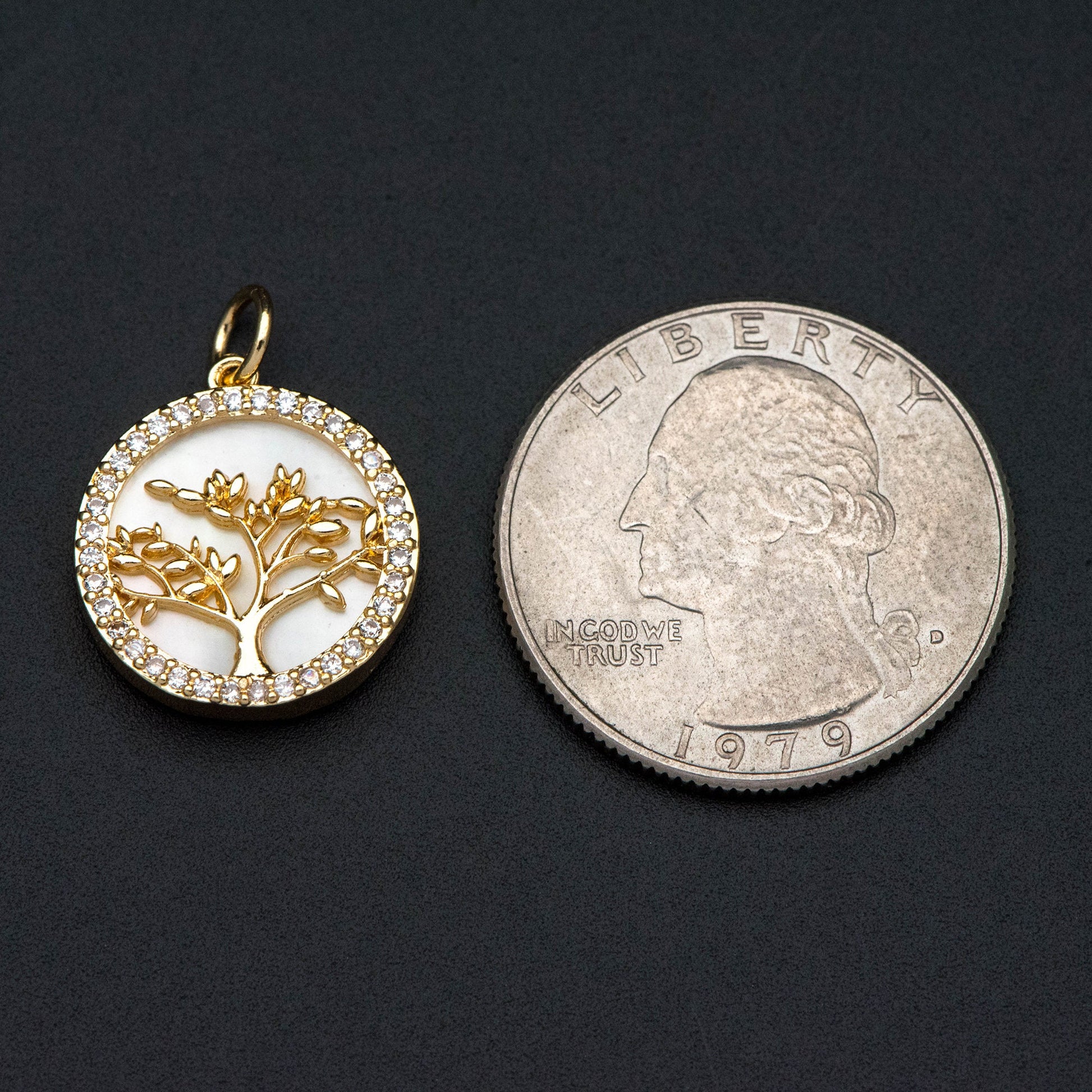 4pcs CZ Pave Gold Life Tree Charm, Shell Disc Coin Pendants 16mm, 18K Gold plated Brass(GB-1701)
