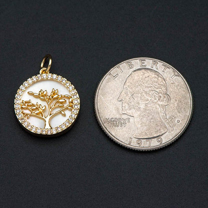 4pcs CZ Pave Gold Life Tree Charm, Shell Disc Coin Pendants 16mm, 18K Gold plated Brass(GB-1701)