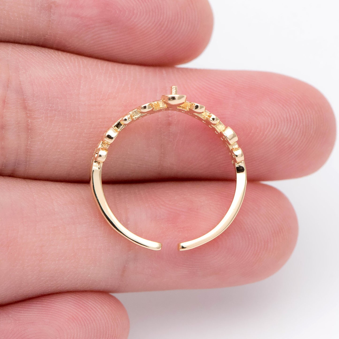 4pcs CZ Pave Gold Adjustable Ring With Peg For Half Drilled Pearls Beads, Ring Mountings, Ring Finding (GB-1557)