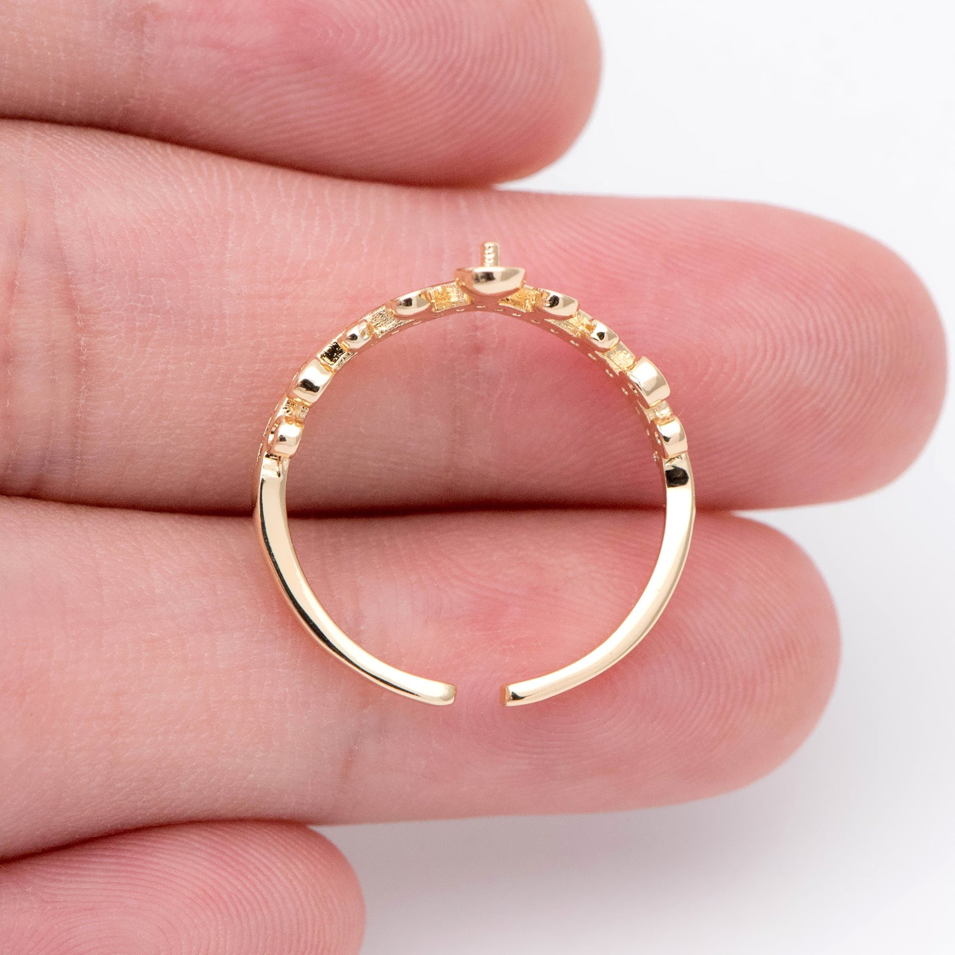 4pcs CZ Pave Gold Adjustable Ring With Peg For Half Drilled Pearls Beads, Ring Mountings, Ring Finding (GB-1557)