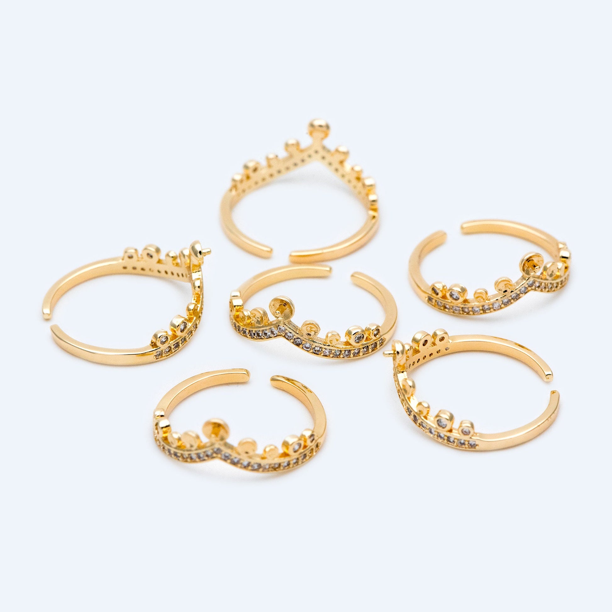 4pcs CZ Pave Gold Adjustable Ring With Peg For Half Drilled Pearls Beads, Ring Mountings, Ring Finding (GB-1557)