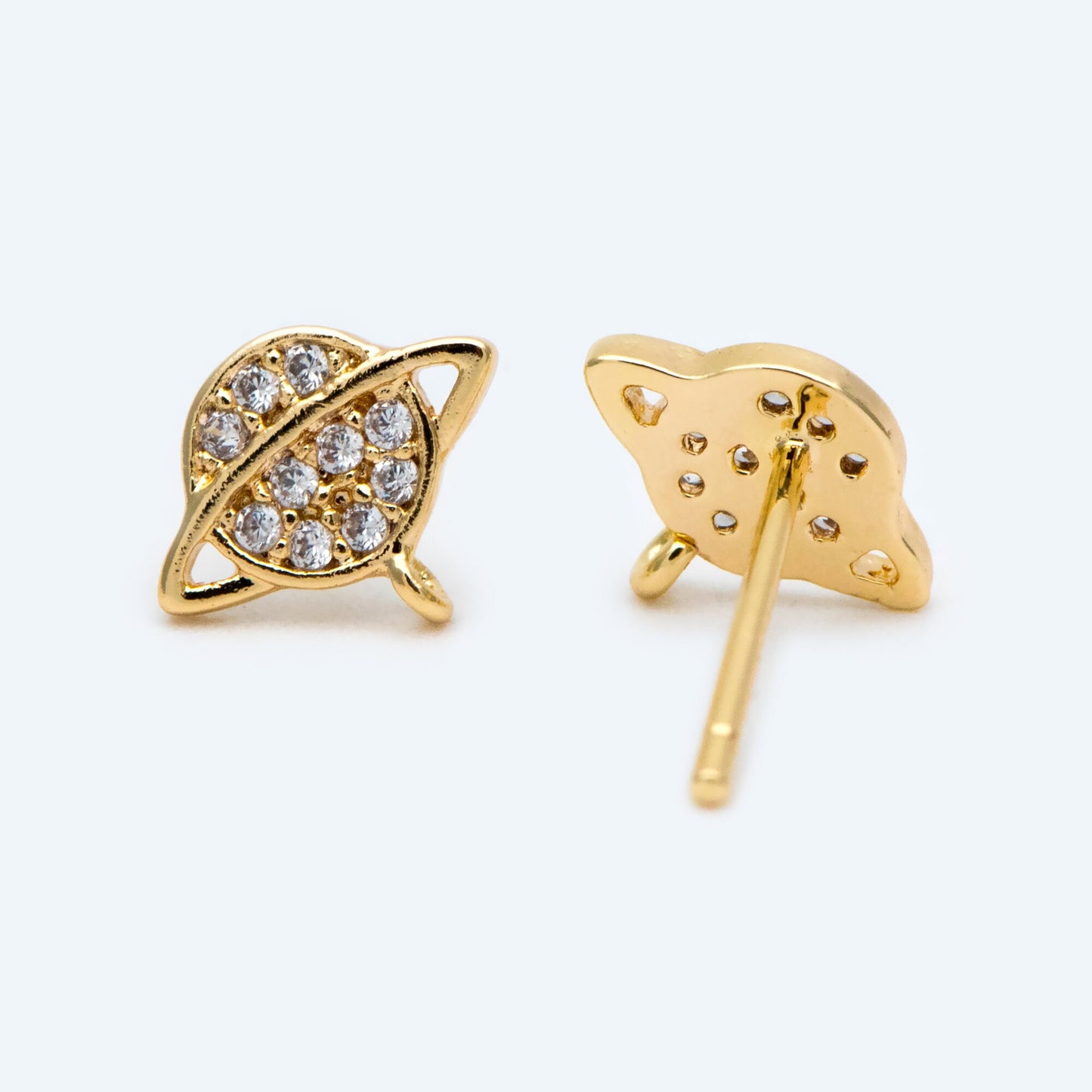 10pcs CZ Pave Saturn Ear Posts 9x7.5mm, Real Gold Plated Brass Stud Earrings (#GB-1703)