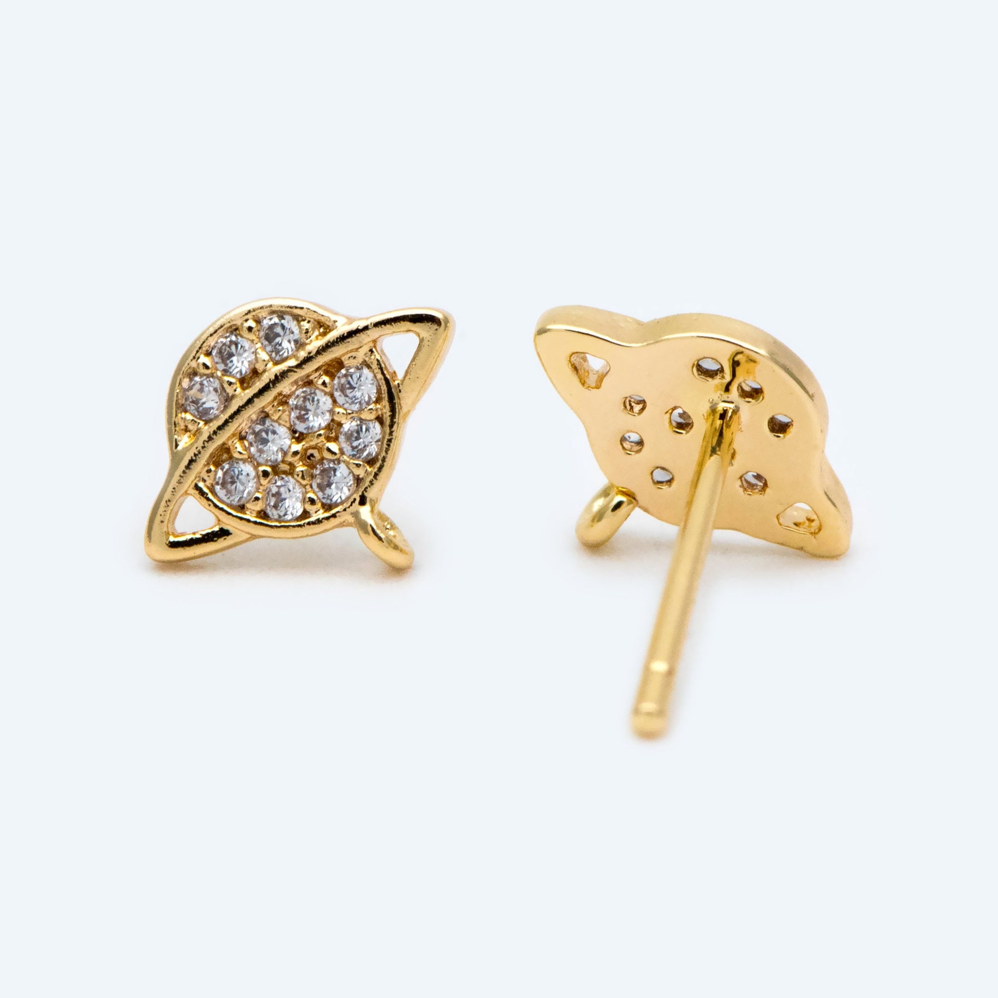 10pcs CZ Pave Saturn Ear Posts 9x7.5mm, Real Gold Plated Brass Stud Earrings (#GB-1703)