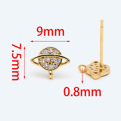 10pcs CZ Pave Saturn Ear Posts 9x7.5mm, Real Gold Plated Brass Stud Earrings (#GB-1703)