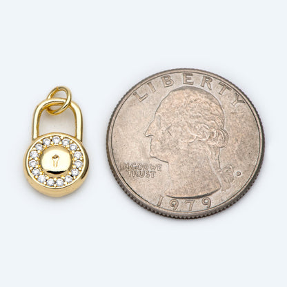 4pcs CZ Pave Gold Lock Charm, Padlock charm 16x10mm, Real Gold plated Brass (GB-751-E)