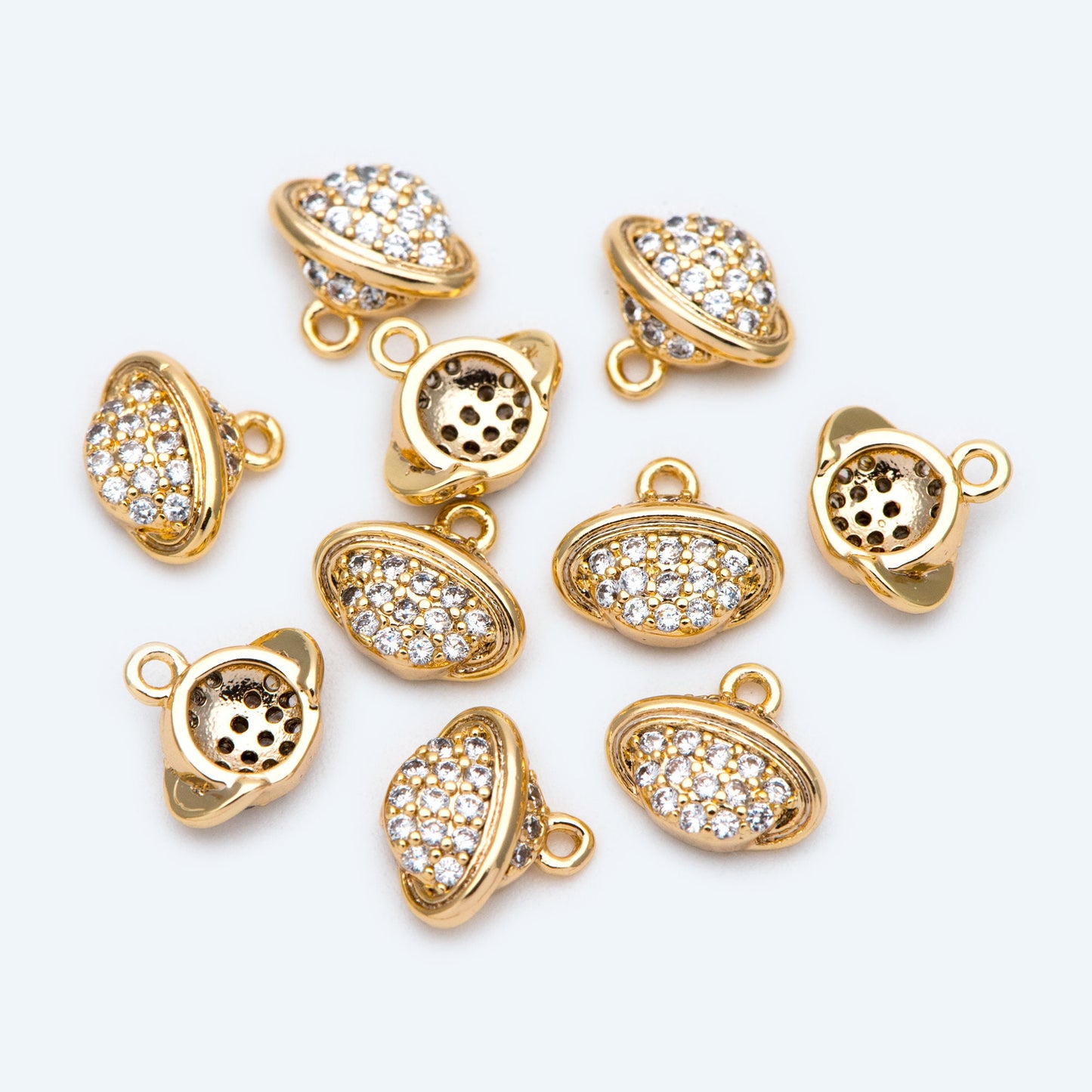 4pcs CZ Pave Gold Planet Charm, Tiny Saturn Charm 8x9mm, 18K Gold plated Brass, Saturn Pendants (GB-1173-A)