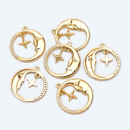 4pcs CZ Pave Gold Round Moon Star Charms 18.5x17mm, Jewelry Making, Diy Material, Jewelry Supplies (GB-2433-G)