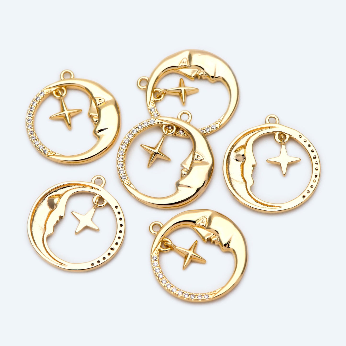 4pcs CZ Pave Gold Round Moon Star Charms 18.5x17mm, Jewelry Making, Diy Material, Jewelry Supplies (GB-2433-G)