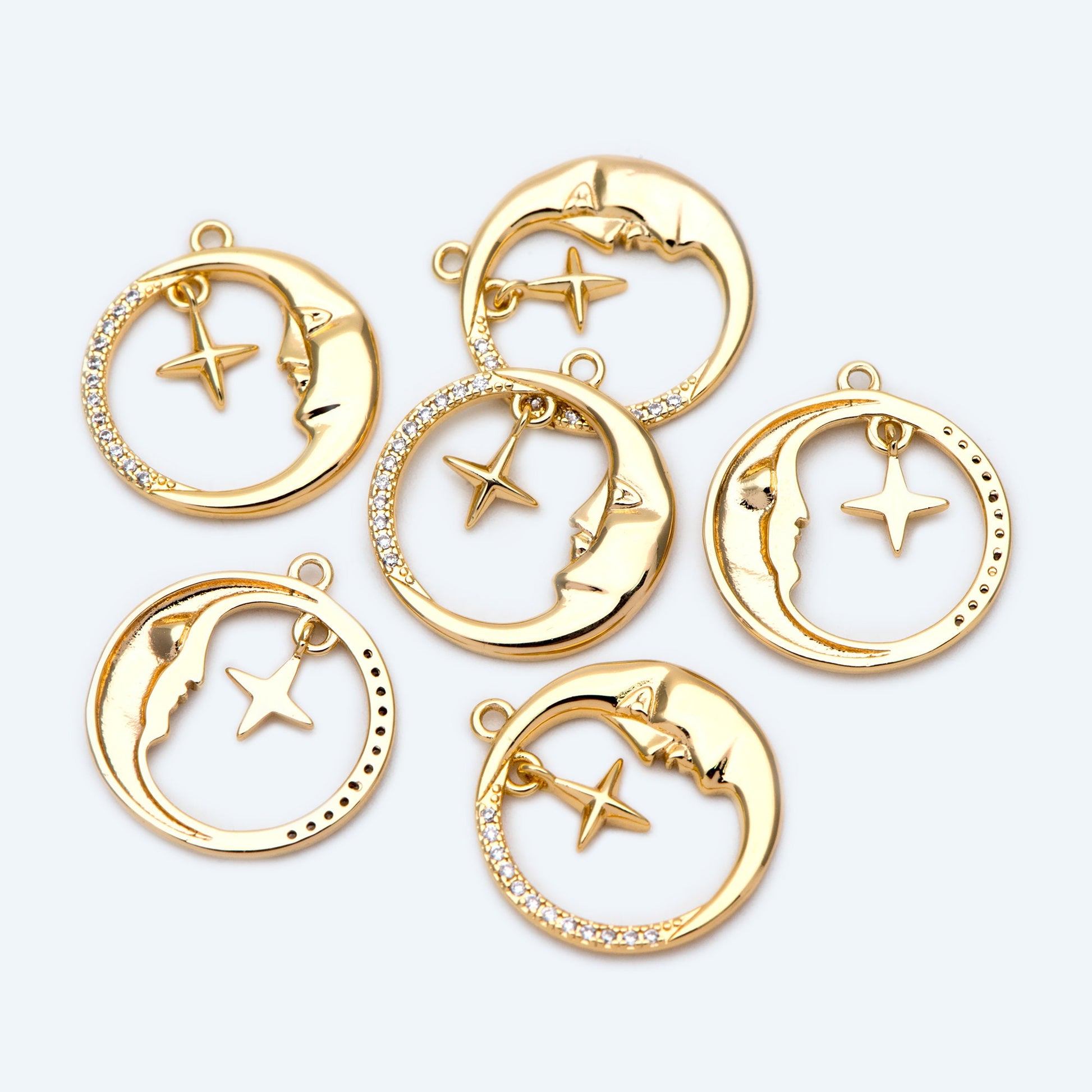 4pcs CZ Pave Gold Round Moon Star Charms 18.5x17mm, Jewelry Making, Diy Material, Jewelry Supplies (GB-2433-G)