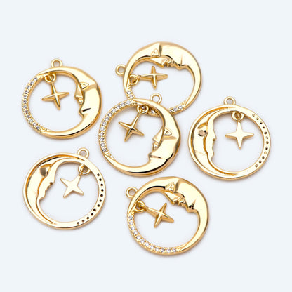 4pcs CZ Pave Gold Round Moon Star Charms 18.5x17mm, Jewelry Making, Diy Material, Jewelry Supplies (GB-2433-G)