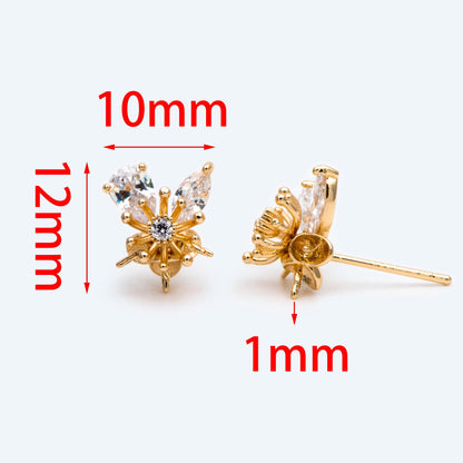 4pcs Gold Flower Ear Posts 12x10mm, Pearl Peg Earring Mounts, Foral Stud Earrings with Peg (GB-1728)