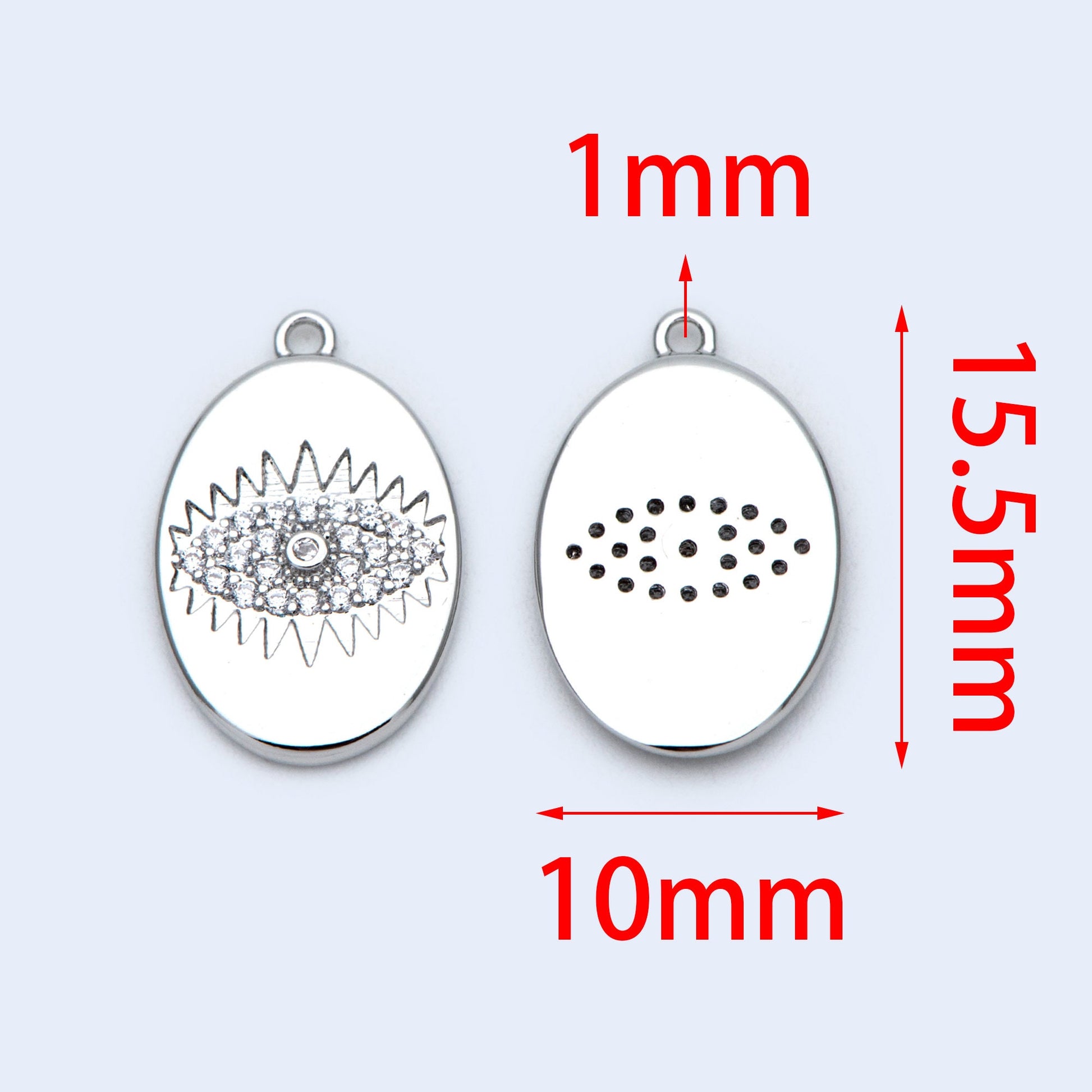 4pcs CZ Pave Silver tone Oval Evil Eye Charm 15.5x10mm, Rhodium plated brass, Evil Eye Pendants (GB-4085-I)