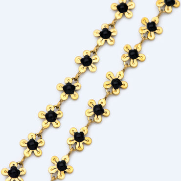 Enamel Flower Chain, Unplated Raw Brass Designer Chain 6mm, Floral Link Chain Findings, Black (#LK-392-2)/ 1 Meter=3.3ft