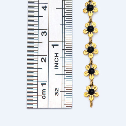 Enamel Flower Chain, Unplated Raw Brass Designer Chain 6mm, Floral Link Chain Findings, Black (#LK-392-2)/ 1 Meter=3.3ft