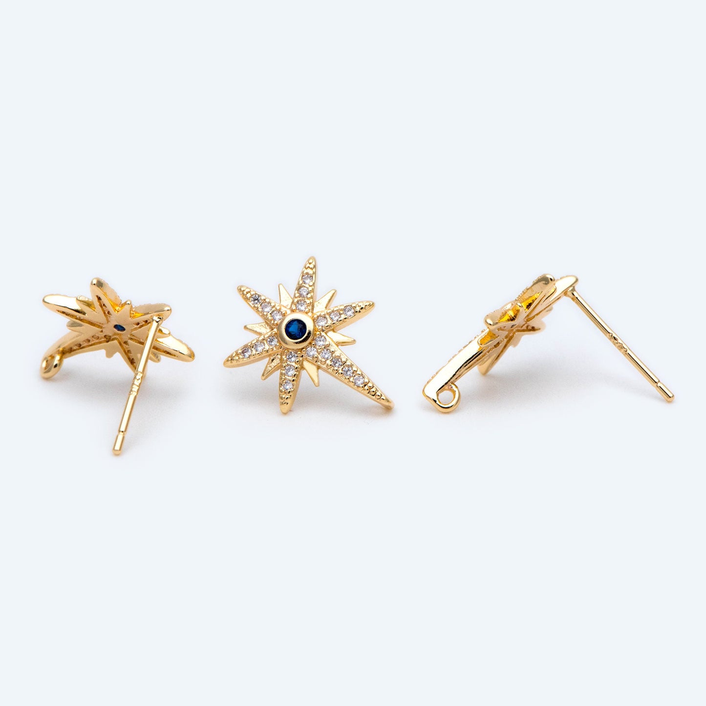 4pcs CZ Pave North Star Ear Posts with Loops,25x11mm, Real Gold Plated Brass Star Stud Earrings (#GB-1687)