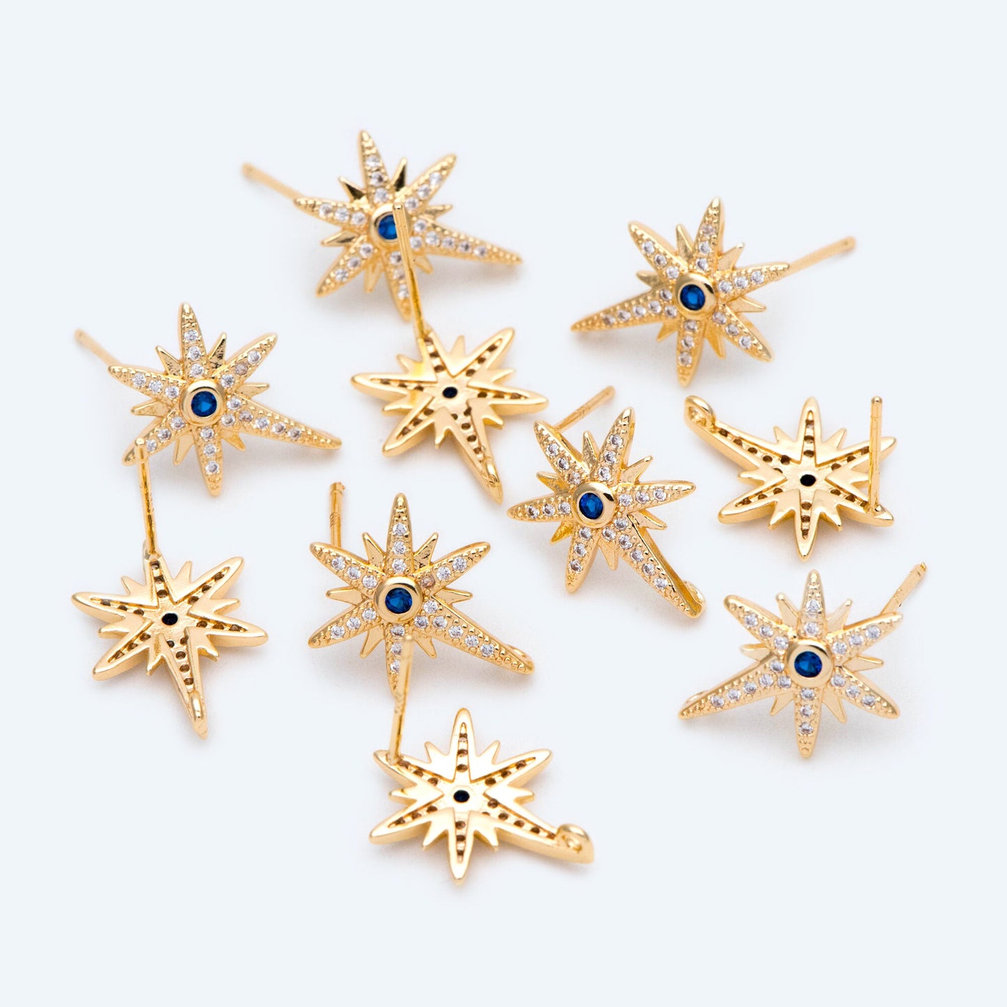 4pcs CZ Pave North Star Ear Posts with Loops,25x11mm, Real Gold Plated Brass Star Stud Earrings (#GB-1687)
