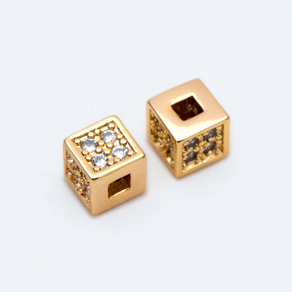 10pcs CZ Pave Gold Cube Spacers 4mm, 18K Gold plated Brass Square Beads (GB-1736)