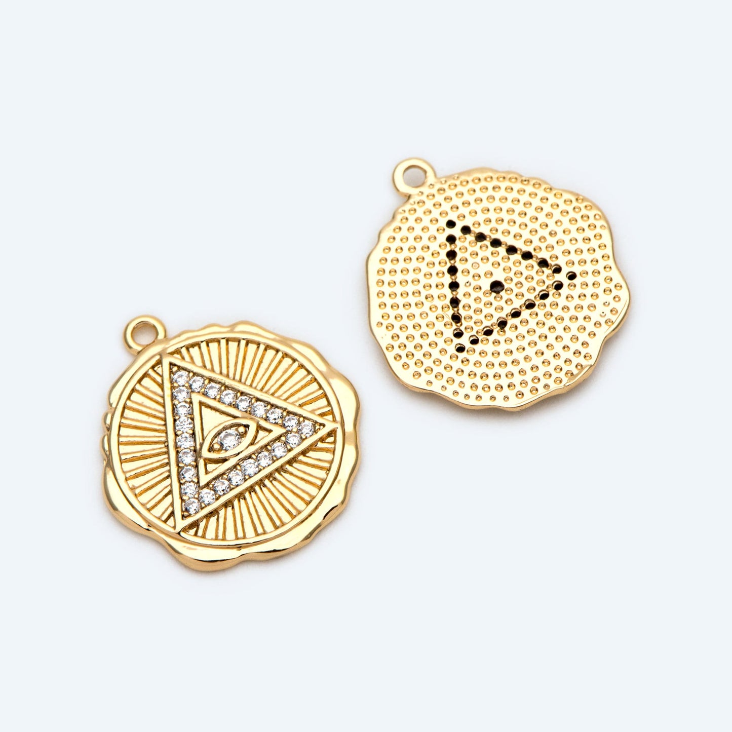 4pcs CZ Pave Gold/ Silver Tone Triangle Evil eye Charm 17mm, Real Gold plated Brass, Round Coin Disk Pendants (GB-4085-G)