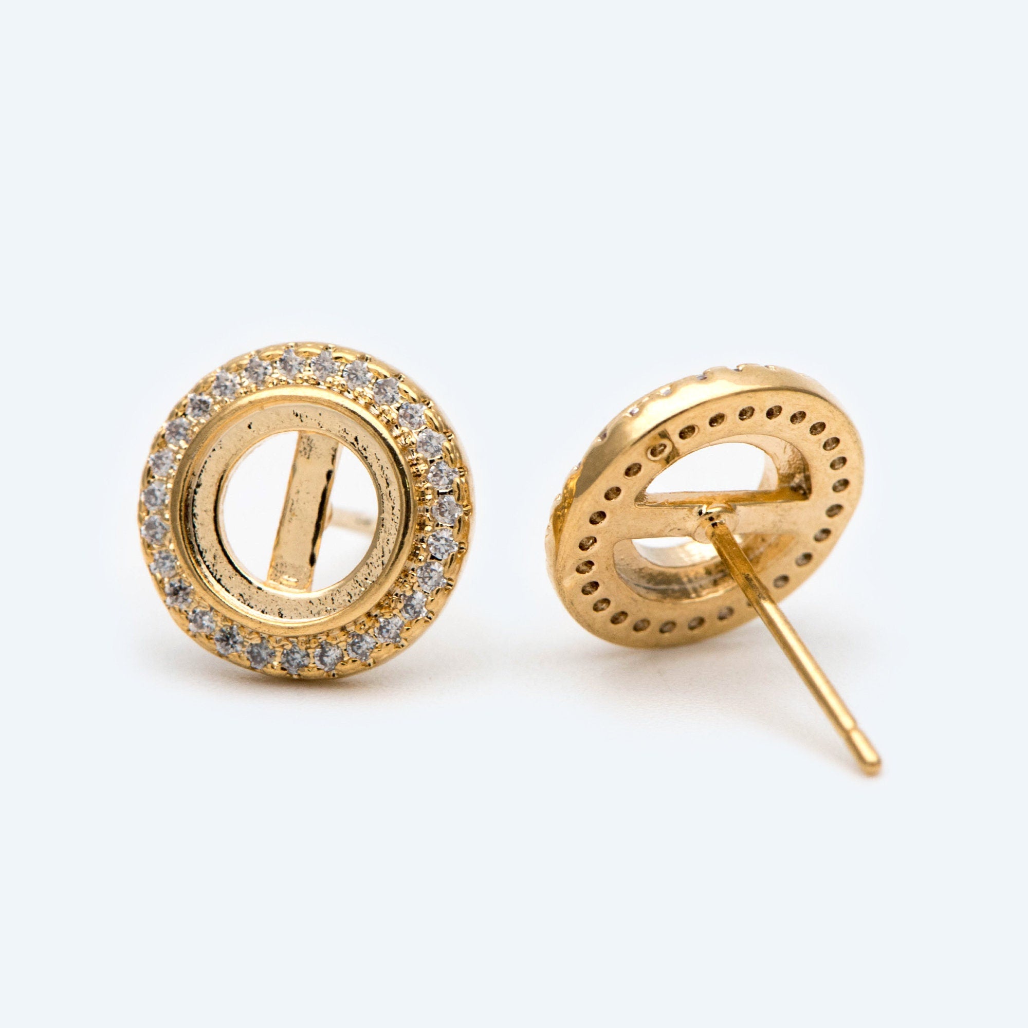 10pcs CZ Pave Round Stud Earrings 11mm, 18K Gold Plated Brass (#GB-1757)