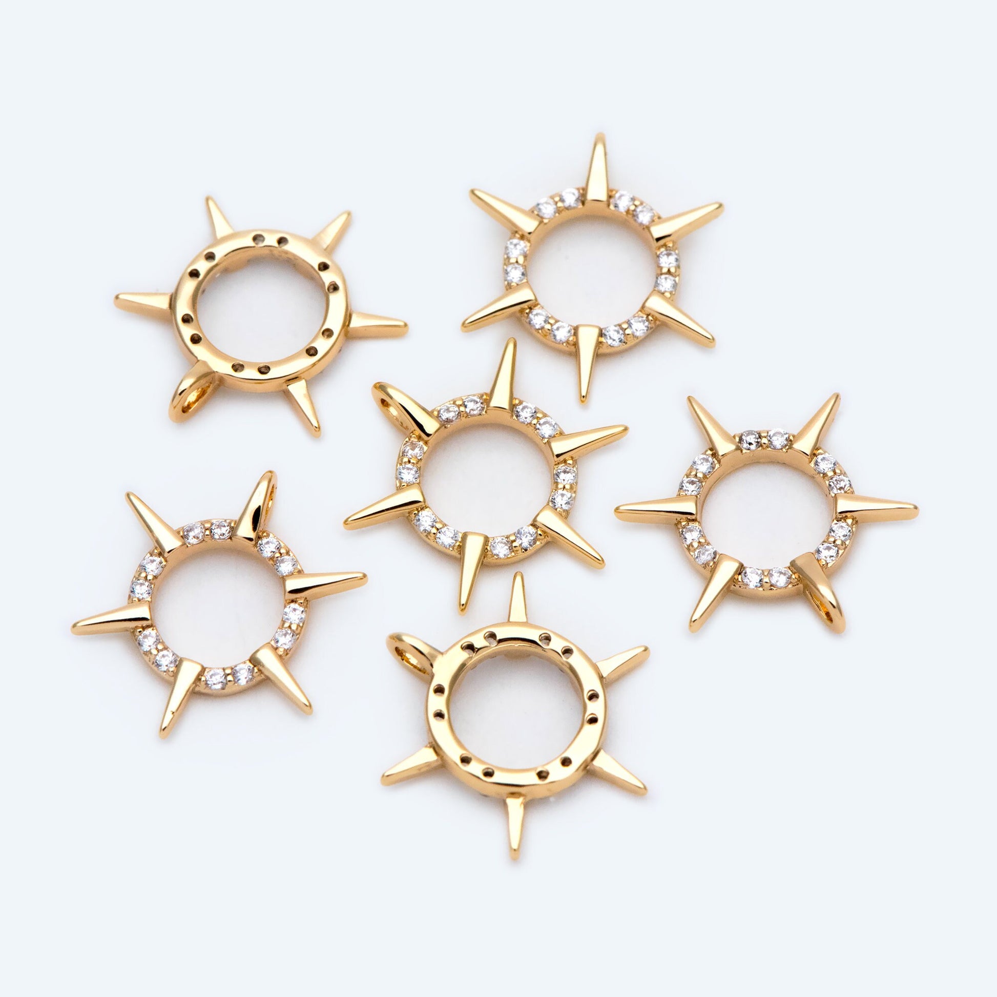4pcs Gold CZ Spike Circle Charm 16x14mm, Real Gold plated Brass, Jewelry Supply (GB-1311-D)