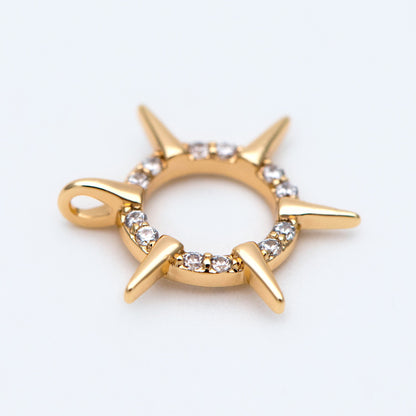4pcs Gold CZ Spike Circle Charm 16x14mm, Real Gold plated Brass, Jewelry Supply (GB-1311-D)