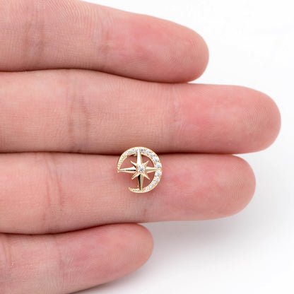 10pcs CZ Pave Moon and North Star Earring with Loop, 10mm, Real Gold Plated Brass Stud Earrings (#GB-1694)