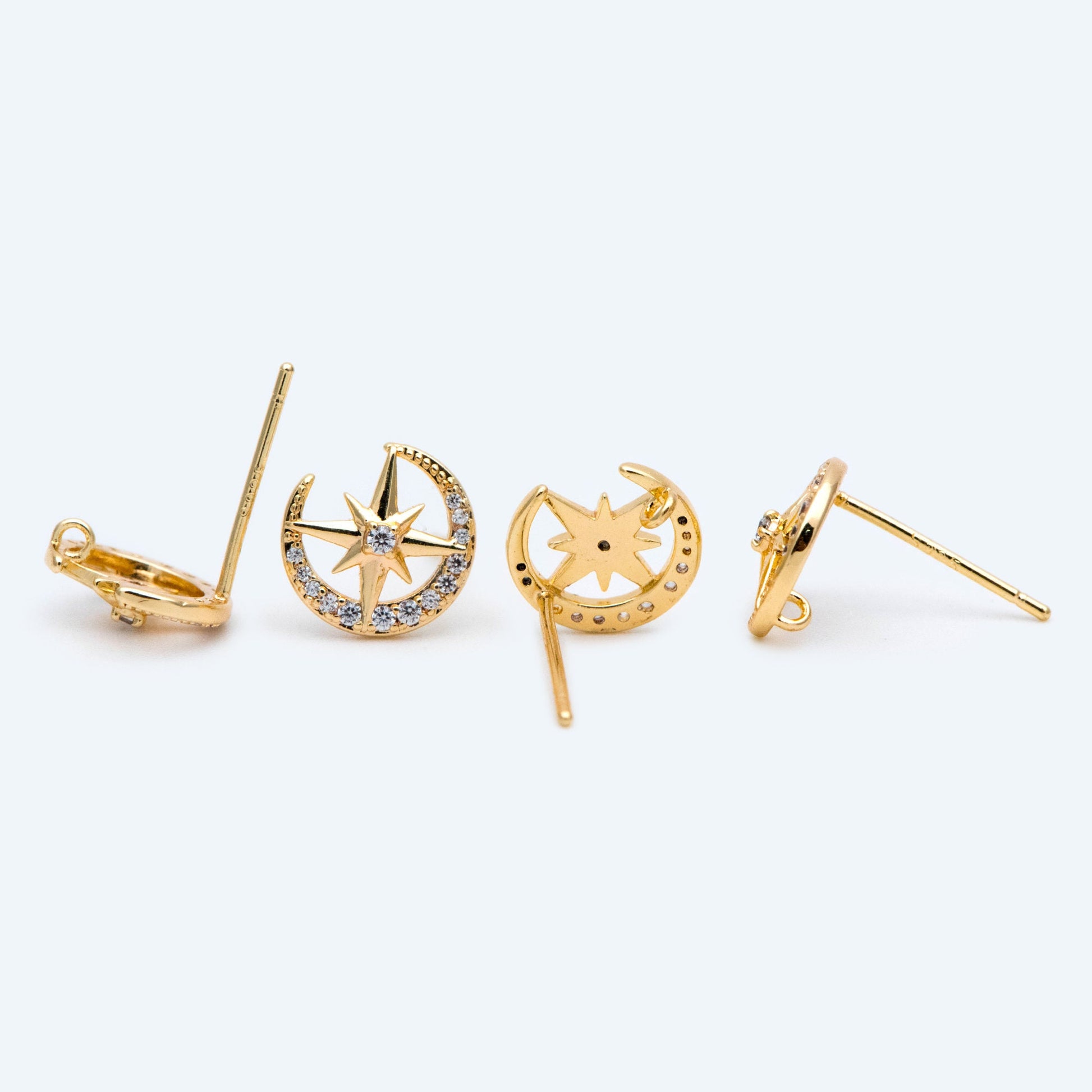 10pcs CZ Pave Moon and North Star Earring with Loop, 10mm, Real Gold Plated Brass Stud Earrings (#GB-1694)