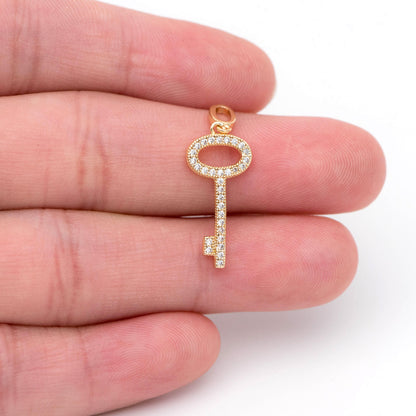 4pcs CZ Pave Gold/ Silver Tone Key Charms 21x10mm, 18K Gold/ Rhodium plated Brass Key Pendants (GB-1774)