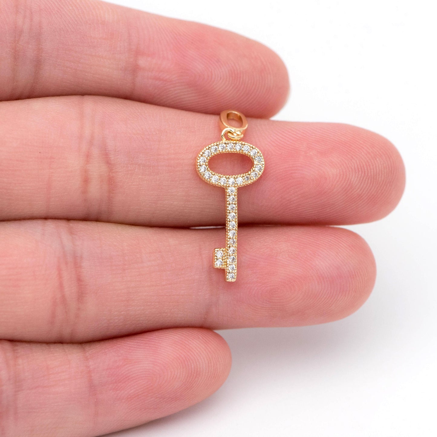 4pcs CZ Pave Gold/ Silver Tone Key Charms 21x10mm, 18K Gold/ Rhodium plated Brass Key Pendants (GB-1774)