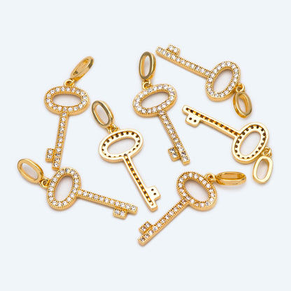 4pcs CZ Pave Gold/ Silver Tone Key Charms 21x10mm, 18K Gold/ Rhodium plated Brass Key Pendants (GB-1774)