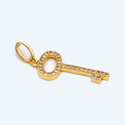 4pcs CZ Pave Gold/ Silver Tone Key Charms 21x10mm, 18K Gold/ Rhodium plated Brass Key Pendants (GB-1774)