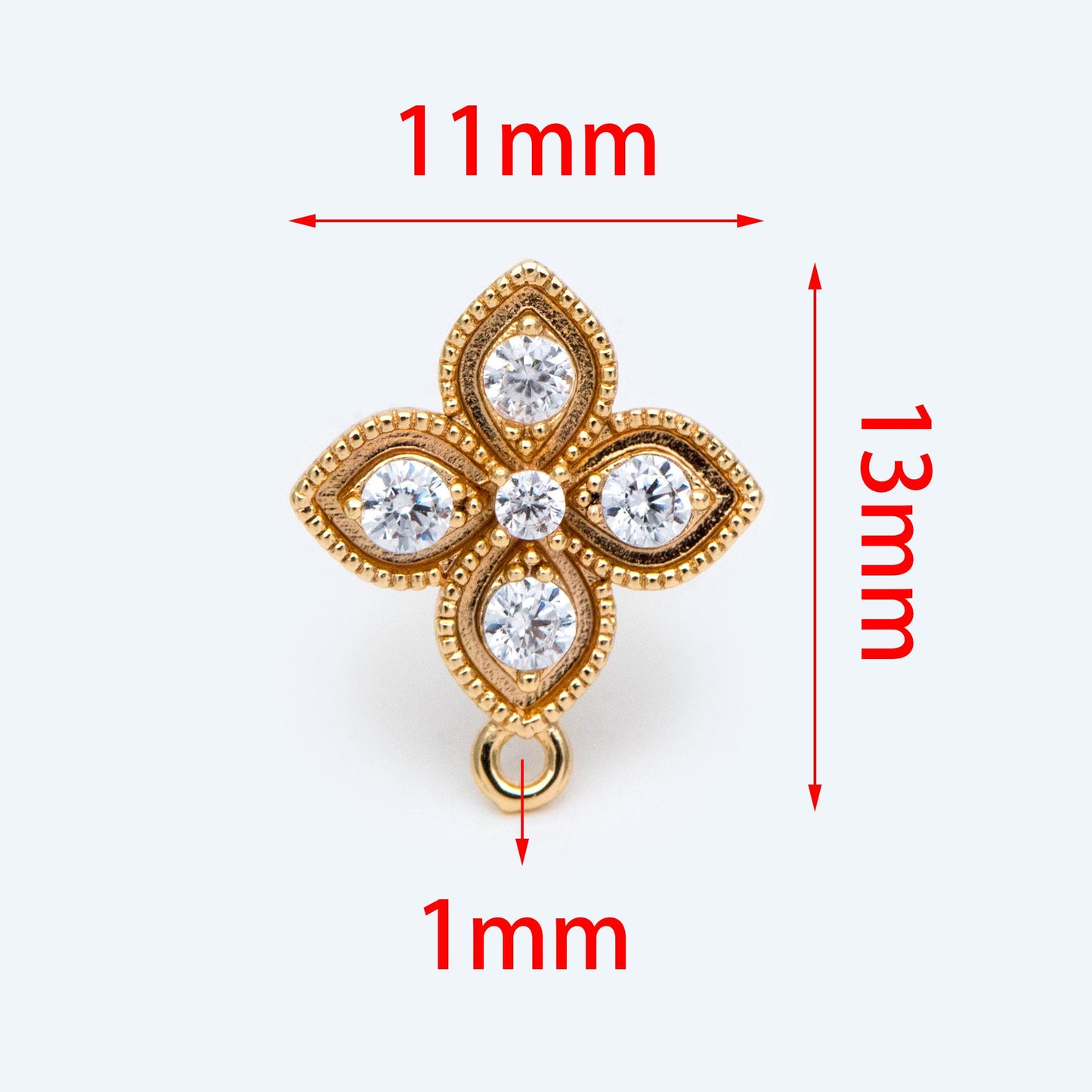 10pcs CZ Pave Gold Flower Earring with Loop, Gold Plated Brass Stud Earrings, DIY Ear Findings (GB-1700)