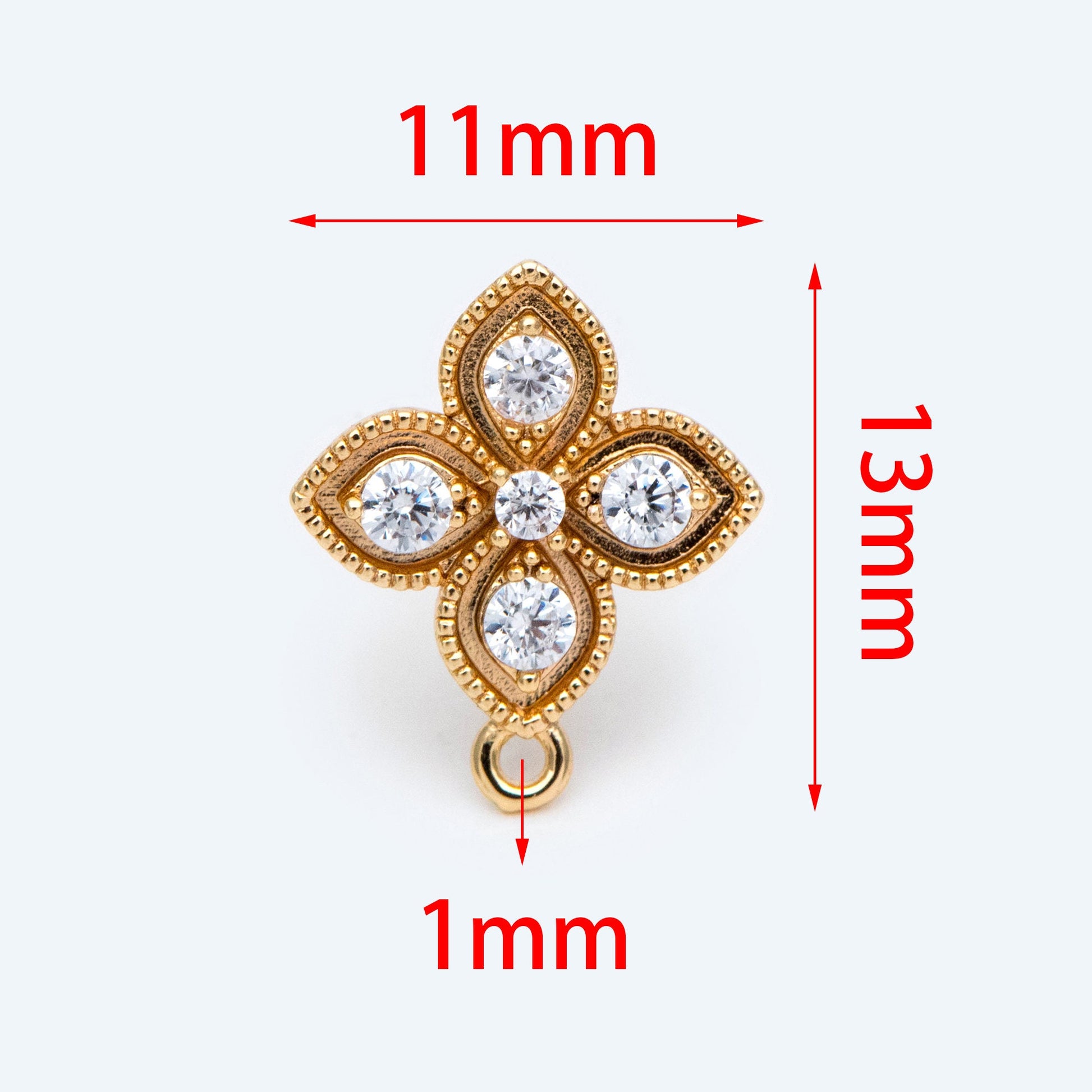 10pcs CZ Pave Gold Flower Earring with Loop, Gold Plated Brass Stud Earrings, DIY Ear Findings (GB-1700)