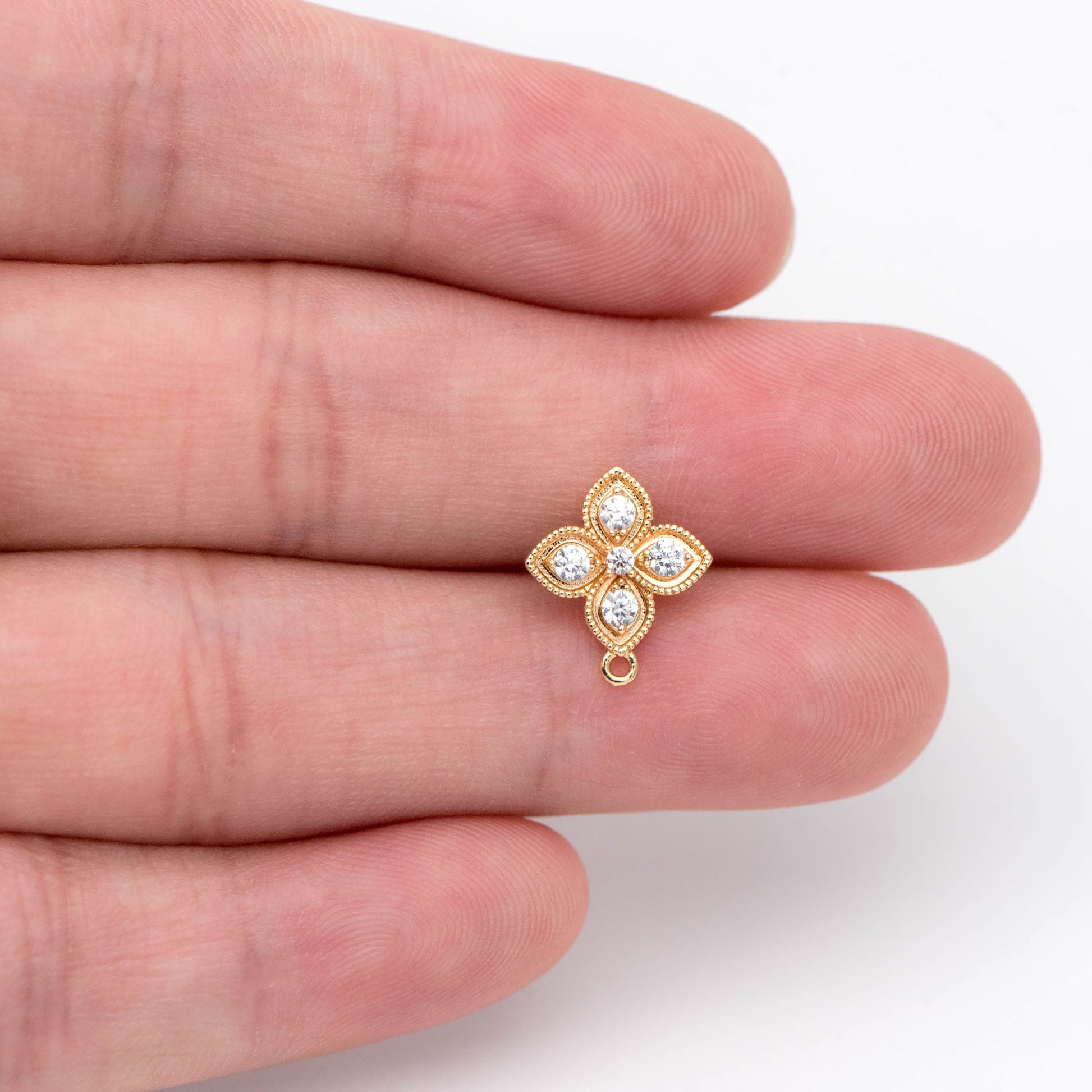 10pcs CZ Pave Gold Flower Earring with Loop, Gold Plated Brass Stud Earrings, DIY Ear Findings (GB-1700)