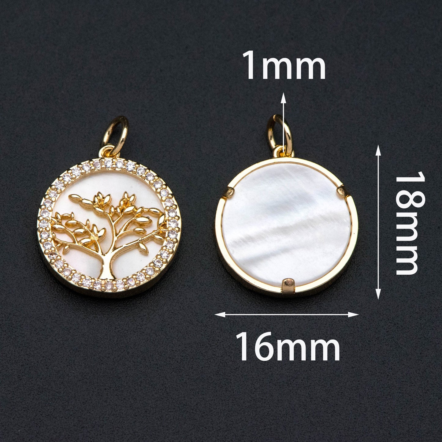 4pcs CZ Pave Gold Life Tree Charm, Shell Disc Coin Pendants 16mm, 18K Gold plated Brass(GB-1701)