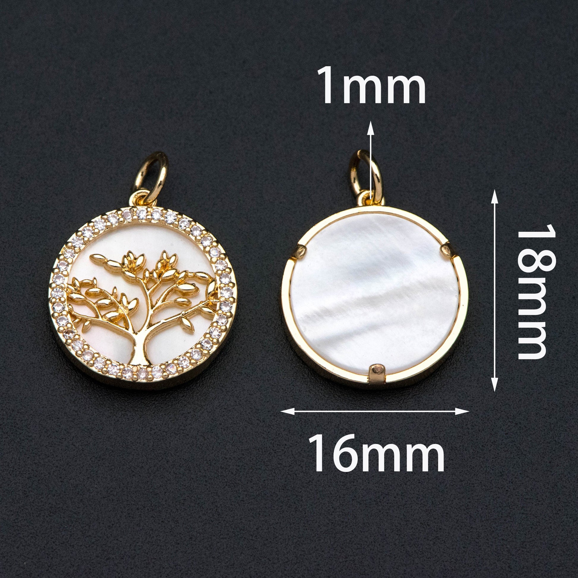 4pcs CZ Pave Gold Life Tree Charm, Shell Disc Coin Pendants 16mm, 18K Gold plated Brass(GB-1701)