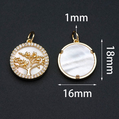 4pcs CZ Pave Gold Life Tree Charm, Shell Disc Coin Pendants 16mm, 18K Gold plated Brass(GB-1701)
