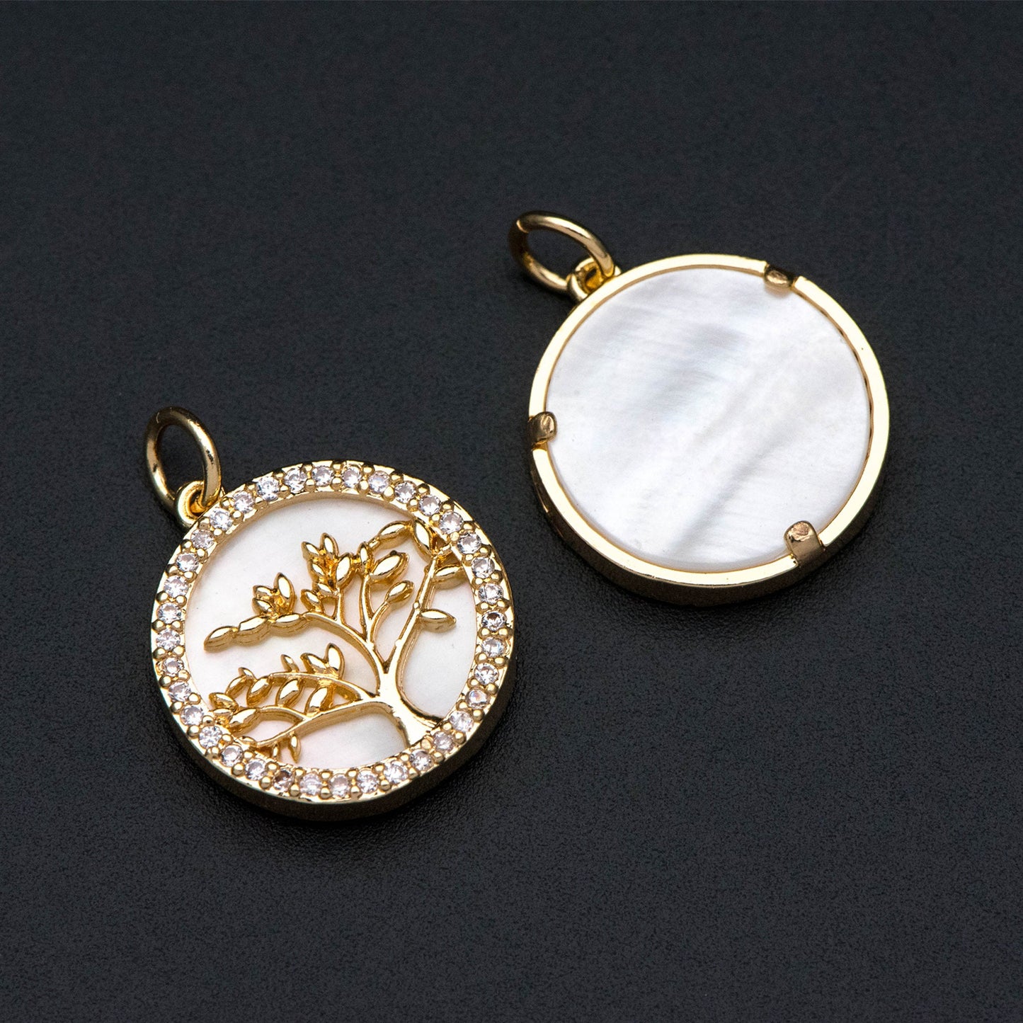 4pcs CZ Pave Gold Life Tree Charm, Shell Disc Coin Pendants 16mm, 18K Gold plated Brass(GB-1701)