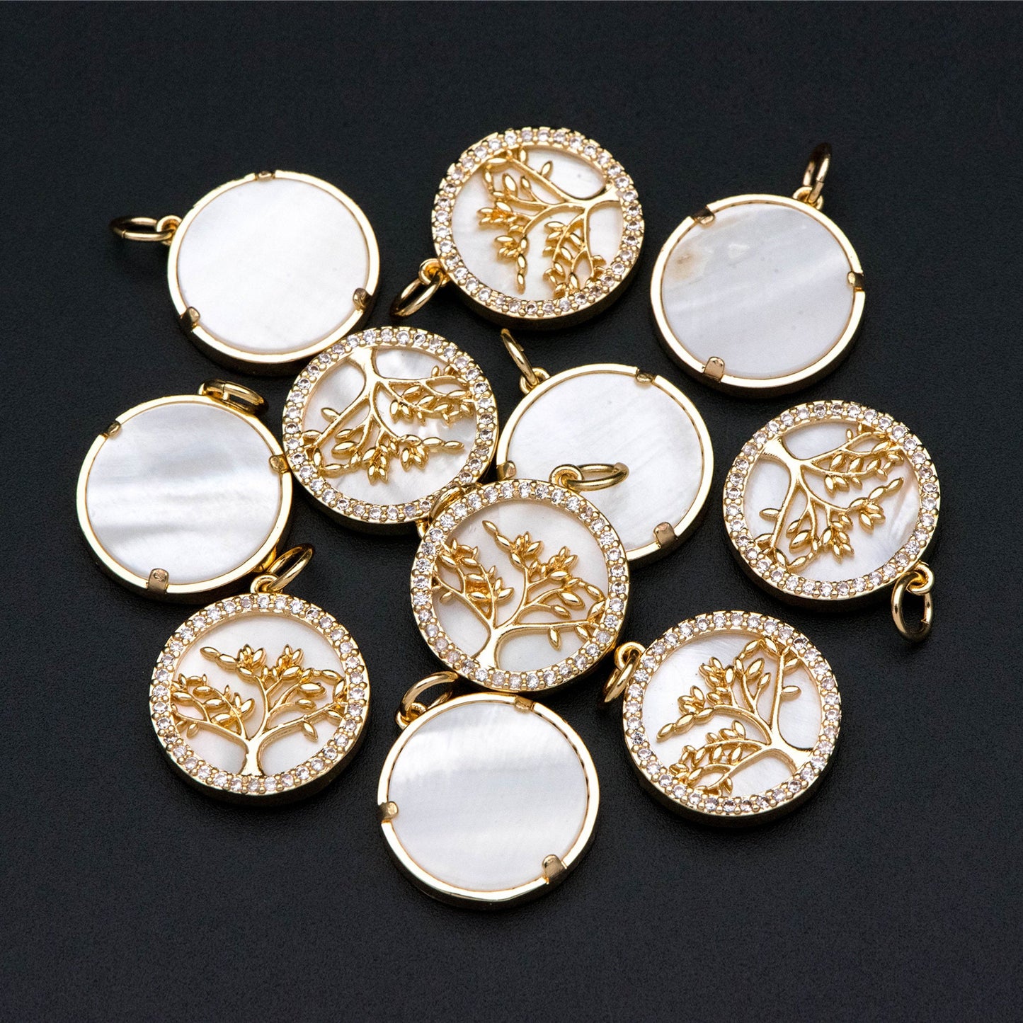 4pcs CZ Pave Gold Life Tree Charm, Shell Disc Coin Pendants 16mm, 18K Gold plated Brass(GB-1701)