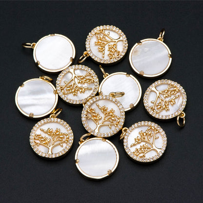 4pcs CZ Pave Gold Life Tree Charm, Shell Disc Coin Pendants 16mm, 18K Gold plated Brass(GB-1701)