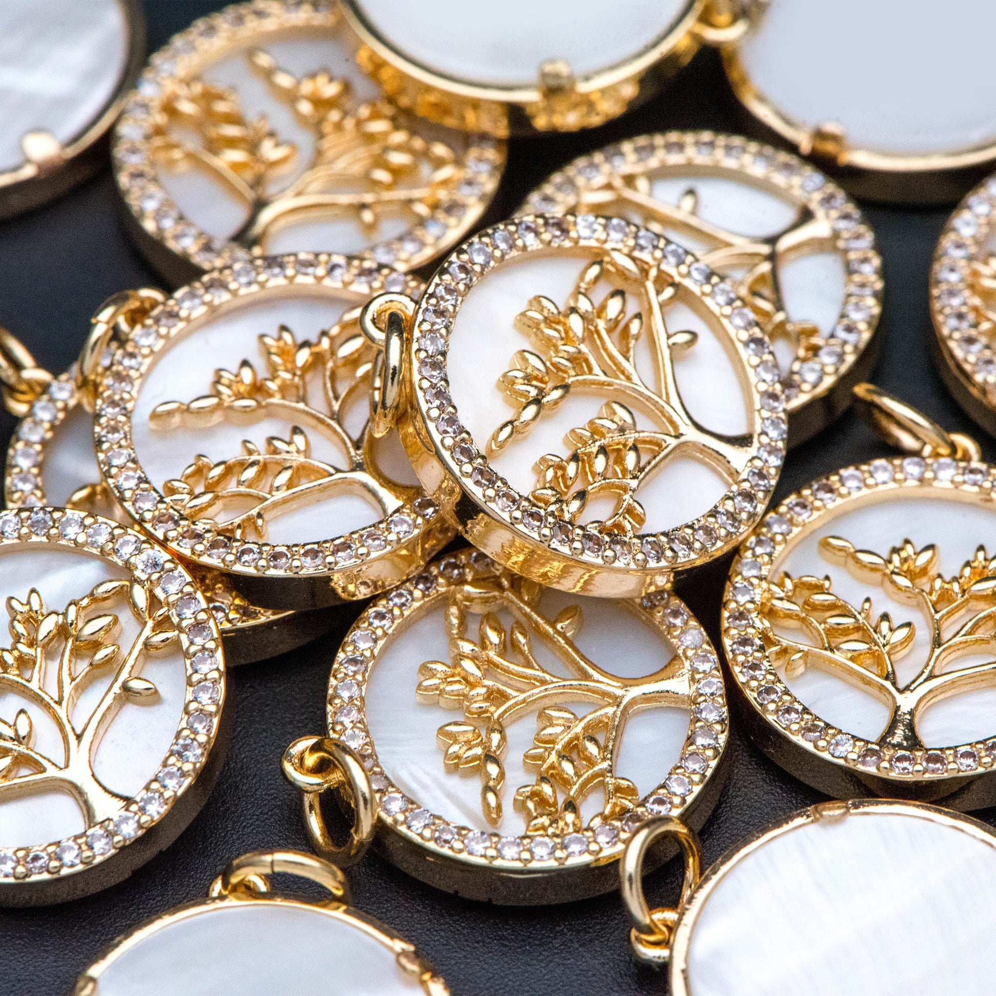 4pcs CZ Pave Gold Life Tree Charm, Shell Disc Coin Pendants 16mm, 18K Gold plated Brass(GB-1701)