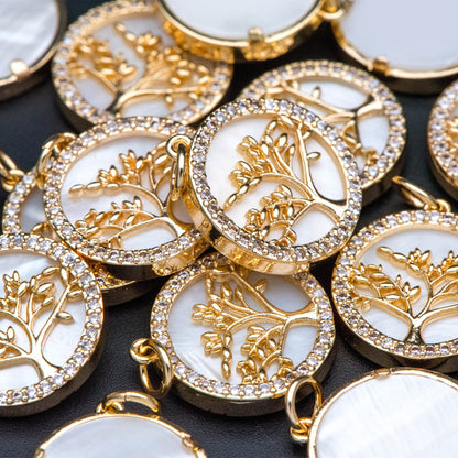 4pcs CZ Pave Gold Life Tree Charm, Shell Disc Coin Pendants 16mm, 18K Gold plated Brass(GB-1701)