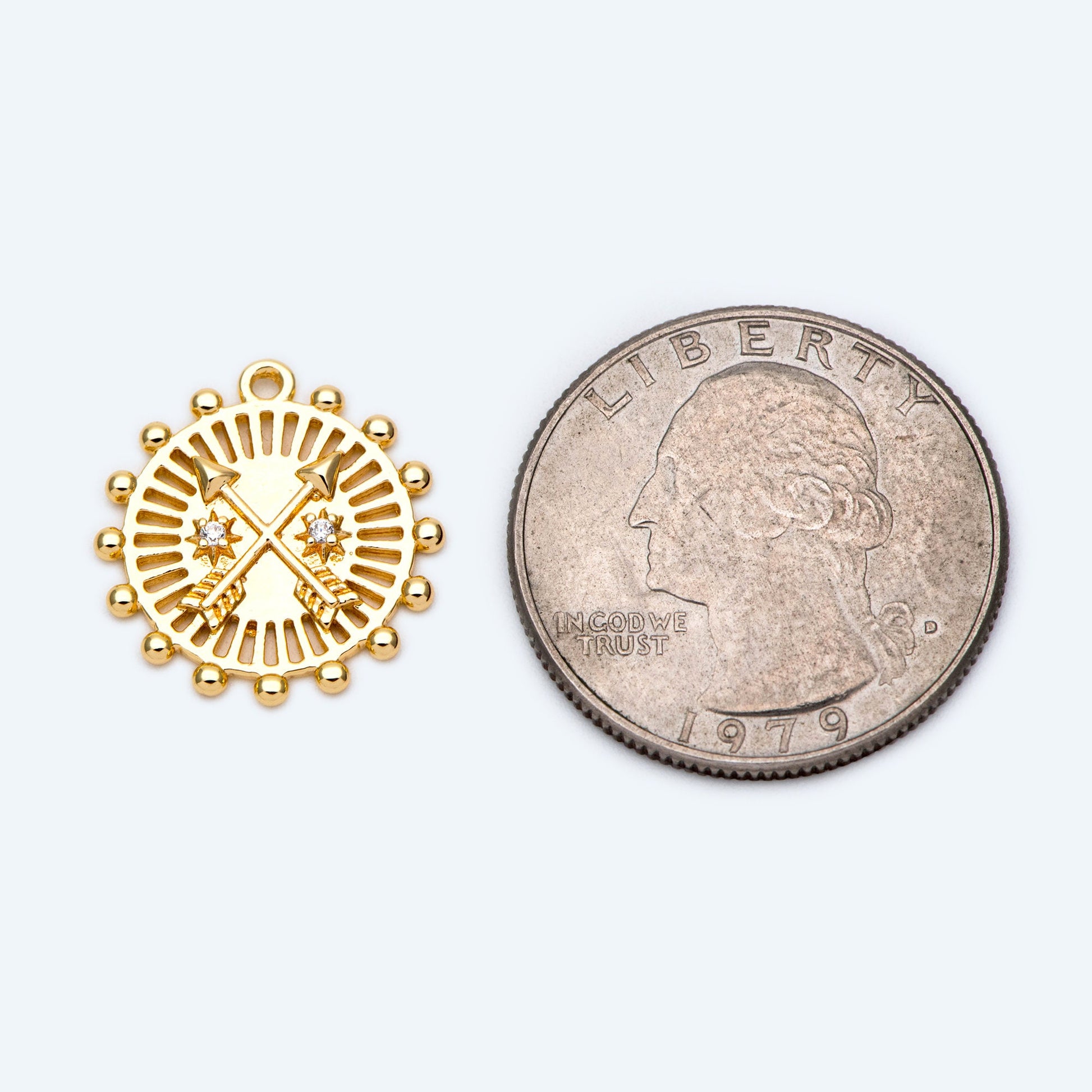 4pcs Gold Arrow Charms 17x18mm, 18K Gold plated Brass, Round Disk Arrow Pendants (GB-2466-C)