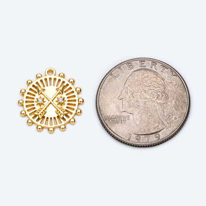 4pcs Gold Arrow Charms 17x18mm, 18K Gold plated Brass, Round Disk Arrow Pendants (GB-2466-C)