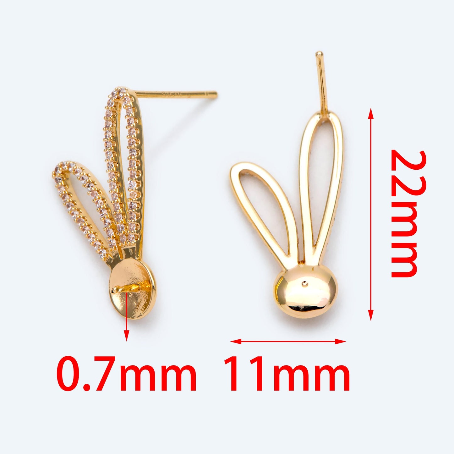 4pcs CZ Pave Rabbit Ear Posts, Bunny Stud Earrings, Pearl Peg Earring Mounts, Half Drilled Pearl Earring Settings (#GB-1776)