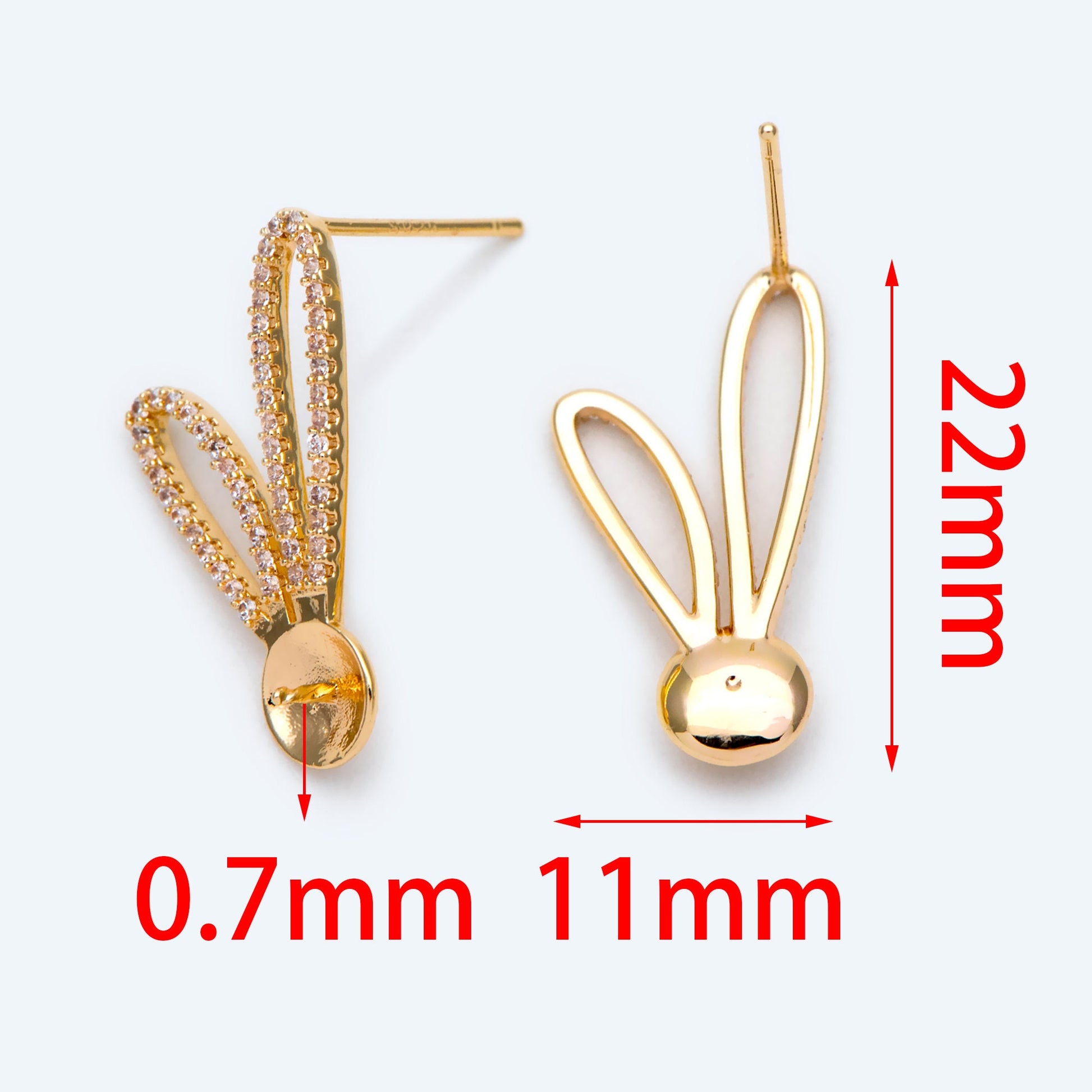 4pcs CZ Pave Rabbit Ear Posts, Bunny Stud Earrings, Pearl Peg Earring Mounts, Half Drilled Pearl Earring Settings (#GB-1776)