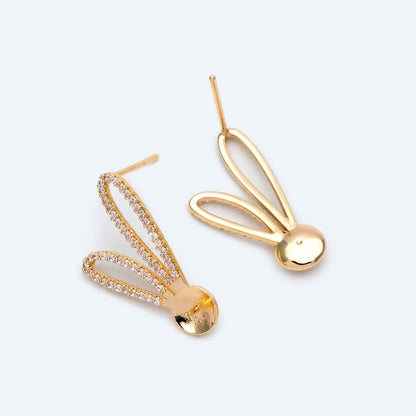 4pcs CZ Pave Rabbit Ear Posts, Bunny Stud Earrings, Pearl Peg Earring Mounts, Half Drilled Pearl Earring Settings (#GB-1776)