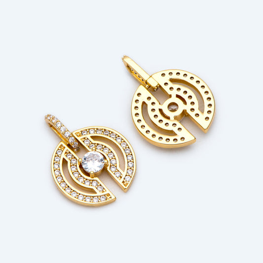 4pcs CZ Pave Gold Round Charms 18x13mm, 18K Gold plated Brass, Round Disk Pendants (GB-3464-C)