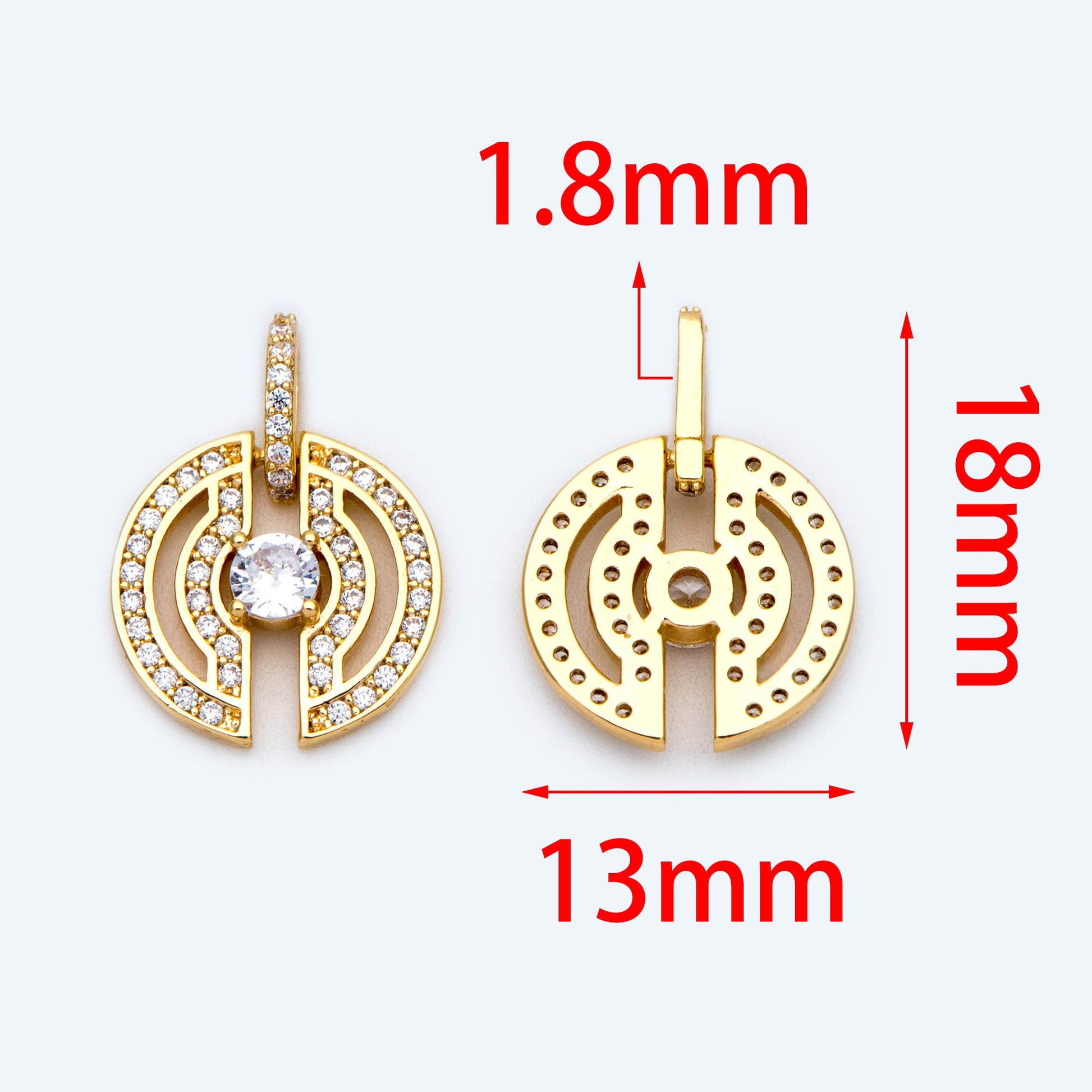 4pcs CZ Pave Gold Round Charms 18x13mm, 18K Gold plated Brass, Round Disk Pendants (GB-3464-C)